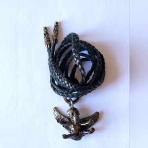 Chrome Hearts, Joe Foti Sterling Charm with Black Leather Braided Chain